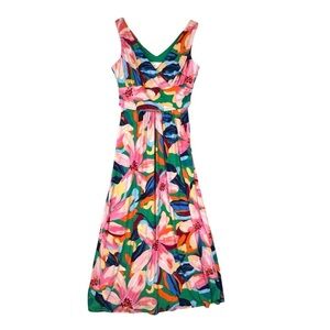 Pappagallo Women Maxi S Multicolor Floral Tropical V-Neck Ruched Sleeveless Knit